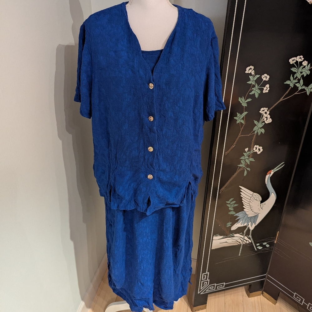 Vintage 90s 2 Piece Dress Set Womens XL Blue Textured Dress Button Up Blouse 175